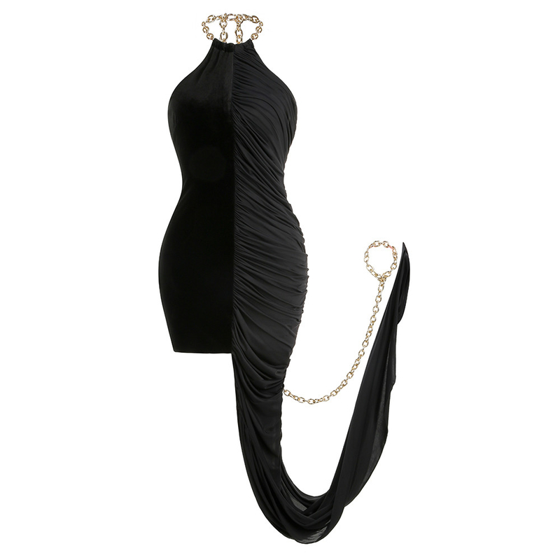 Customizable Logo SB3117 Sophisticated Backless Black Mini Dress with Pleated Detail and Figure-Flattering Fit