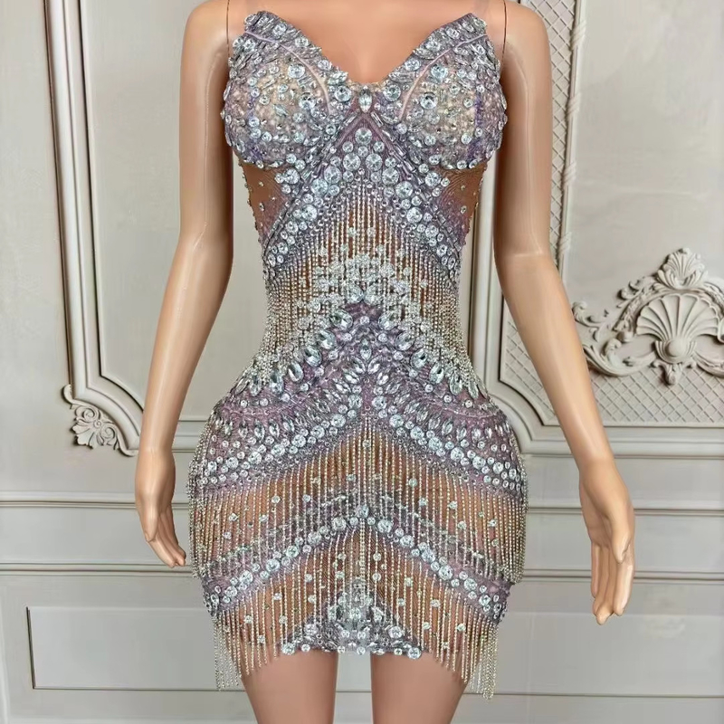 Elegant Women's Sleeveless Crystal Dress with Water Diamond Embellishment for AD2439 Party in Advanced Printing Method