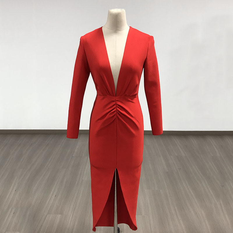 LS2540 Kimshein Fashion Collection Natural Waistline V-neck Bandage Dress for Women's Sophisticated Appearance