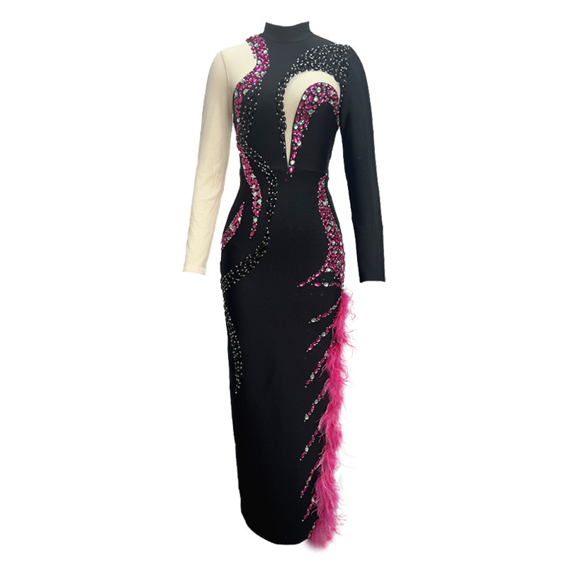LS2542 Luxury Beaded Formal Long-Sleeve Ostrich Feather Evening Dress with Crystal and Customizable Logo