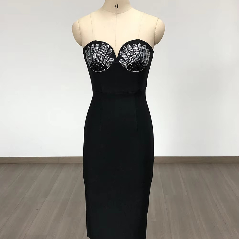 7-Day Fast Sampling Sexy Off-Shoulder Beaded Bodycon Midi Dress with Elegant Bandage and Breathable Natural Waistline
