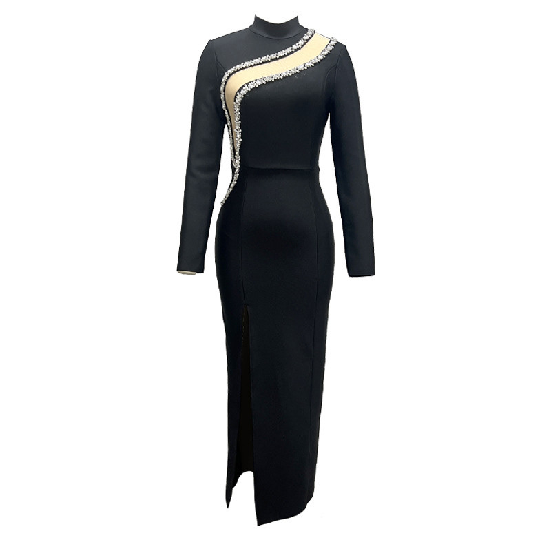 LS2545 Kimshein Long-Sleeved Bodycon Dress Crystal Evening Dress Diamond Set Women Bandage Dress for Immediate Delivery