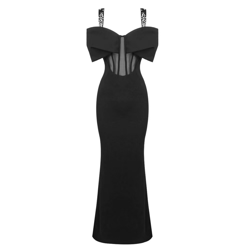 High Slit and Sheer Netting Add a Touch of Elegance to this Sexy Black Maxi Dress Perfect for a Party Look