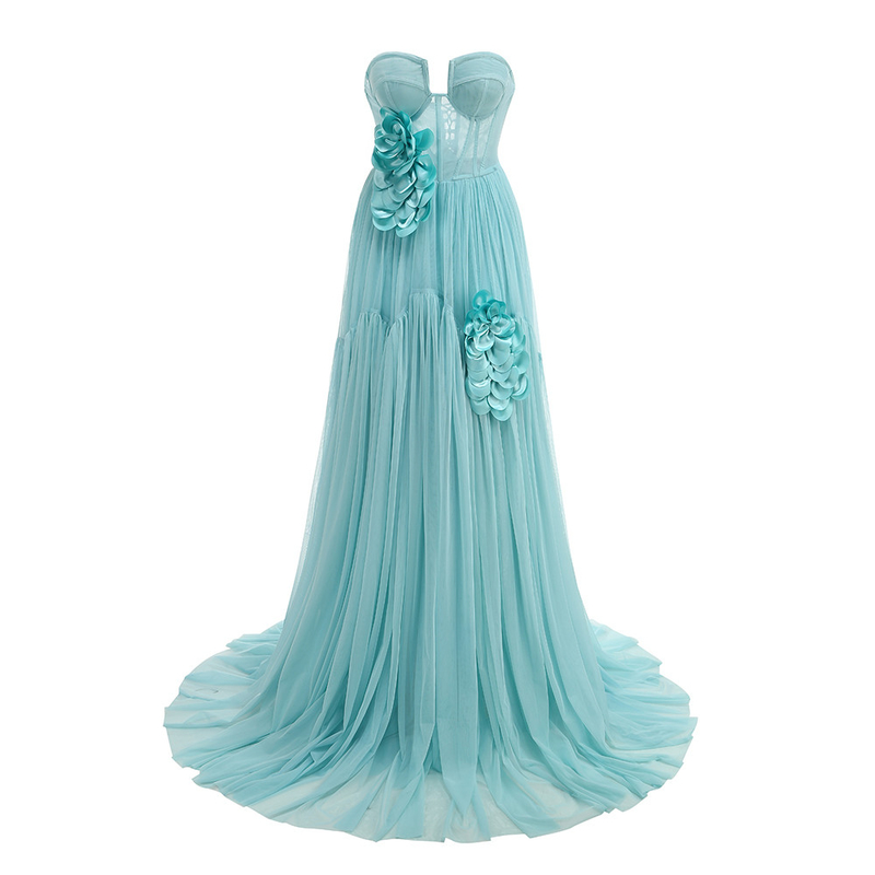 350g Elegant Sweet Style Blue Party Dress with 3D Flower Decoration and Floor-Length for Women's Elegant Birthday Celebration