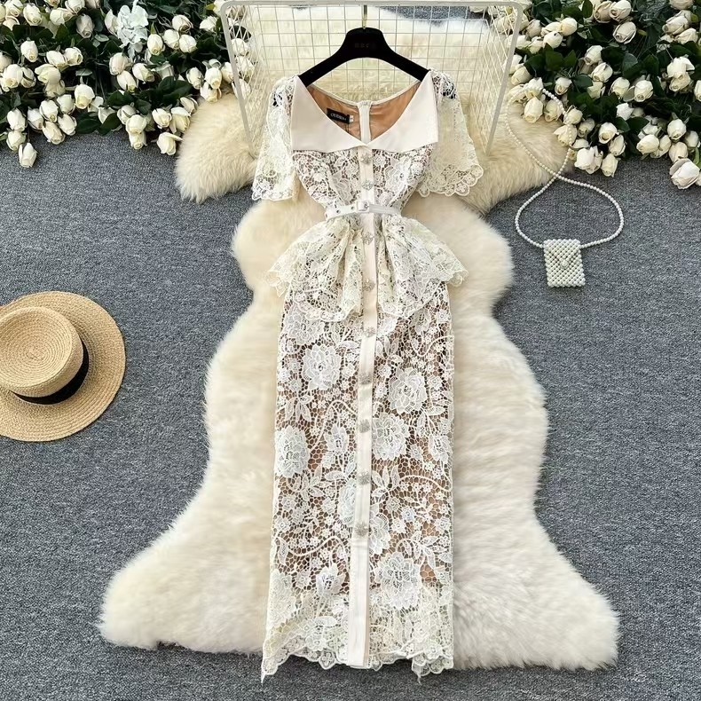 Sophisticated and Customizable Luxurious Women's Summer V-Neck Bodycon Lace Hollow Out White Mixi Dress with Waist Belt