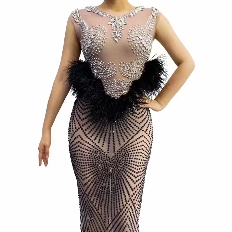 AD2254 Kimshein Top Fashion Celebrity Crystal Shiny Dress Ostrich Feather Party Dress for Women No Printing Method