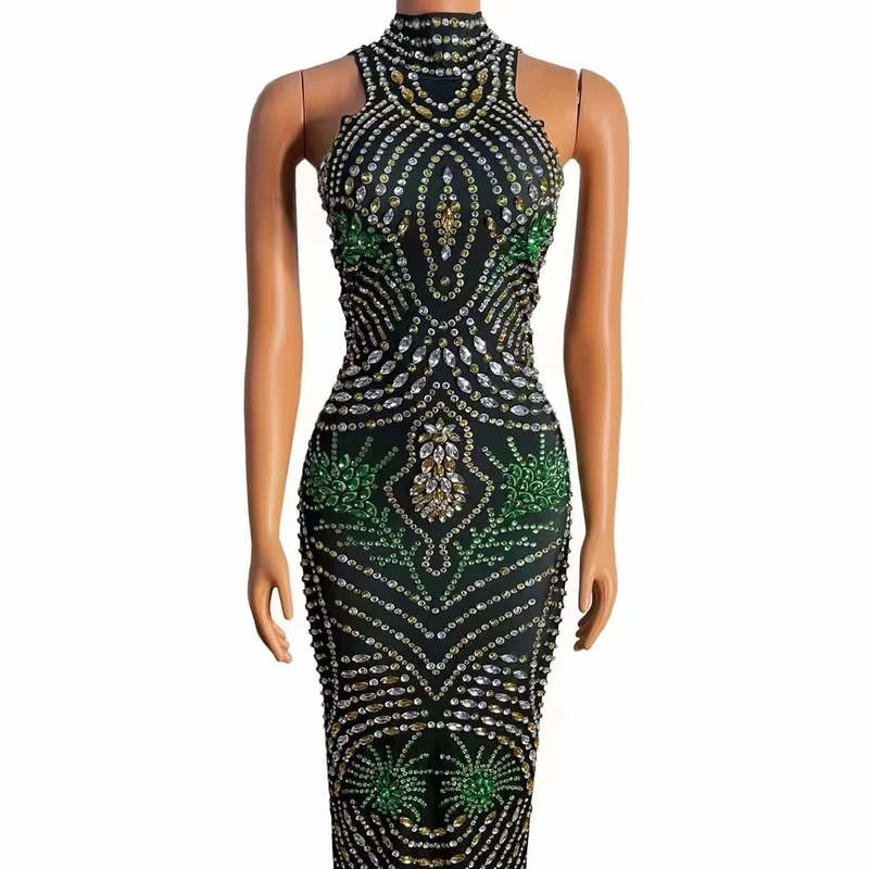 AD2256 Sexy Women's Club Wear Water Drill Long Luxury Celebrity Crystal Stone Dress with Ammonia / Polyester Material