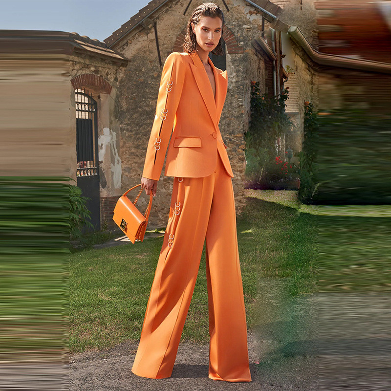 SR2220 Luxurious and Elegant Women's T-Table Design Suit with Ring Decoration 2 Pieces Set Polyester Cotton Fabric Pockets