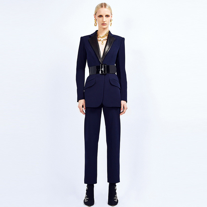 SR2217 Women's Suit Pants Design in Deep Blue Two-Piece Business Suit Jacket for Women Made of Polyester and Cotton Fabric