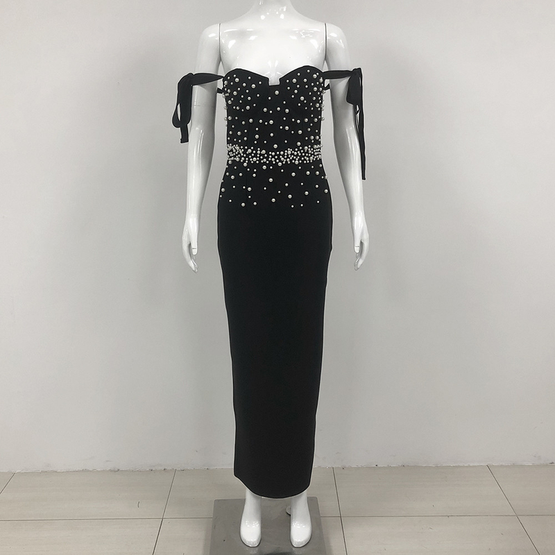 Kimshein Fashionable Women's Bandage Dress with Pearl Embellishments and Ankle-Length