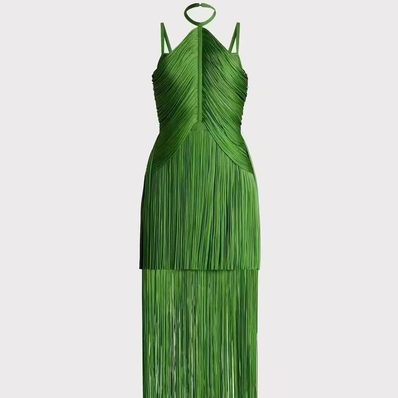 SB3052 Unique Design Backless Fringe Maxi Dress in Solid Color for Fashionable Party