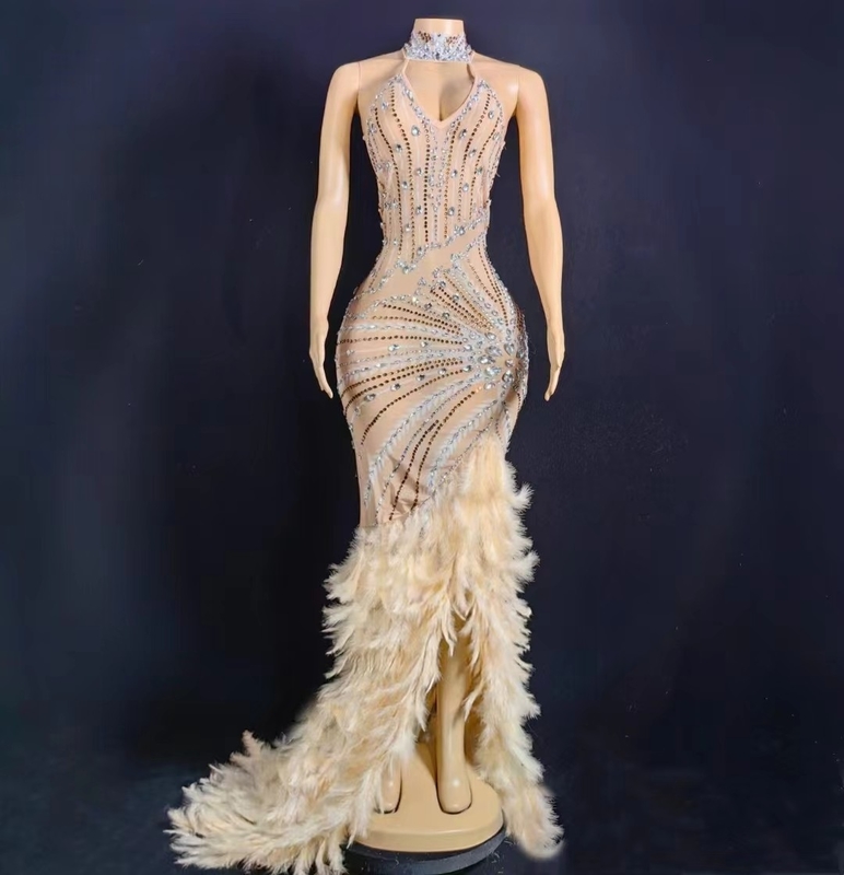 AD2049 Long Party Dress with Handmade Crystal and Rhinestone Embellishments Feather Details Customizable Logo Placement