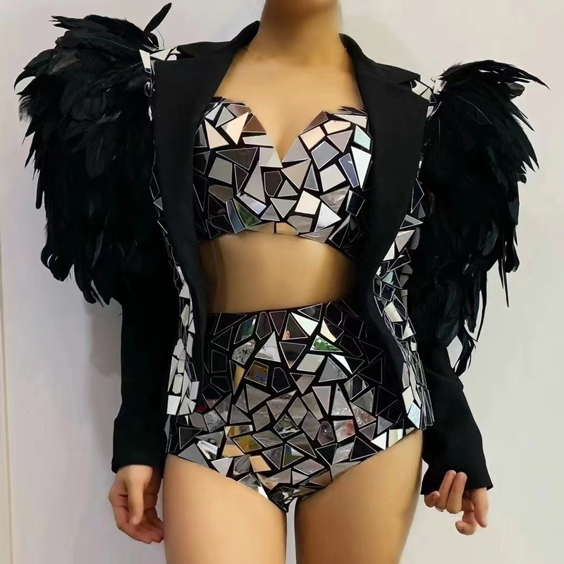 Other Printing Method AD2197 Women's Party Wear Sparkling Cocktail Two-Piece Animal Feather Outfit Sexy Black Jacket Set