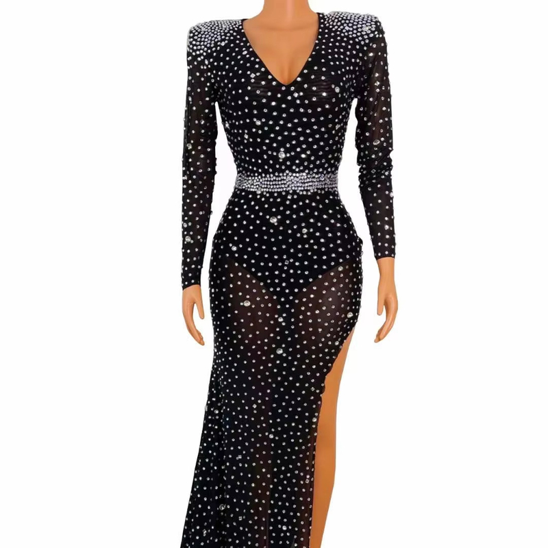 V-Neck AD1227 Handmade Crystal Clothing Luxury Rhinestone Maxi Dress for Women Gloor Length Evening Gown for Dance Party