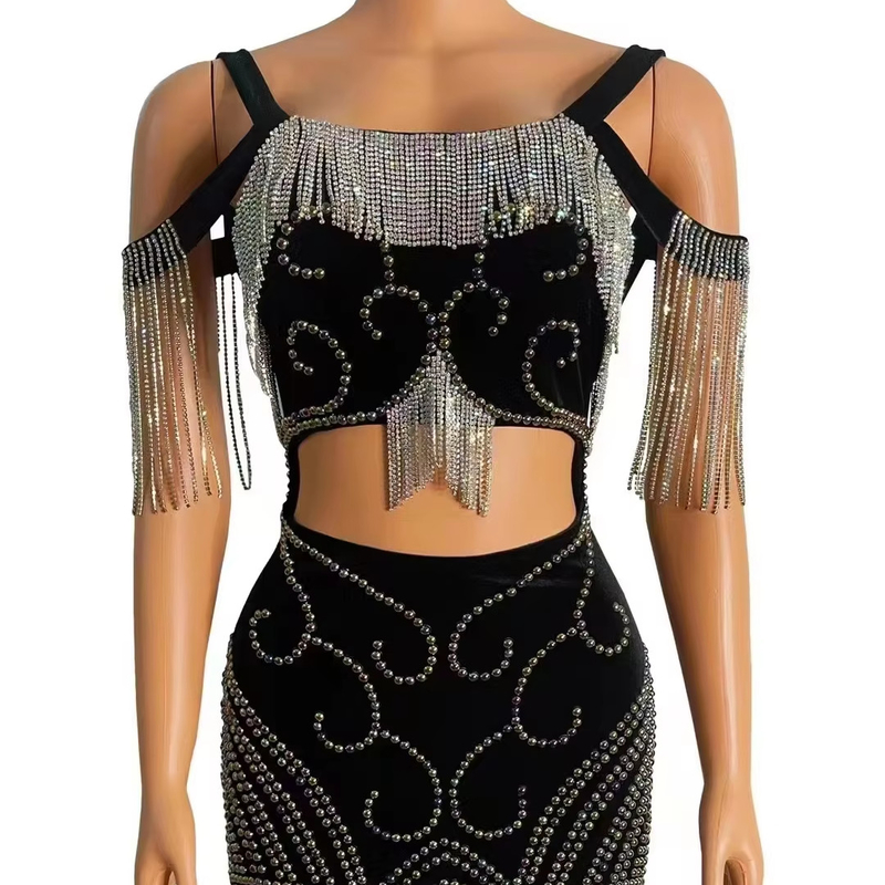 AD2297 Women's Two-Piece Set Sleeveless Nightclub Dress with Shimmering Rhinestones and Sparkling Tassels