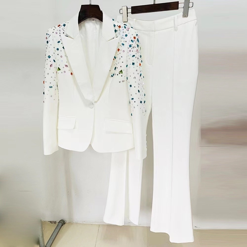 SR2211 Elegant Women's Two-Piece Suit with Long Water Crystal Decorated Dress and Office Lady Suit Jacket