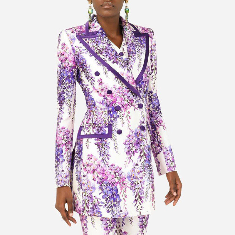 SS2217 Mature Lady Violet Floral V-Neck Long Sleeve Suit Pants Two-Piece Set Women's Suit with Polyester and Cotton Fabric