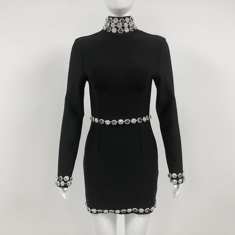 Full Sleeve Length Satin Fabric LS2504 Women's Sexy Mini Crystal Embellished Party Bodycon Bandage Dress at Affordable