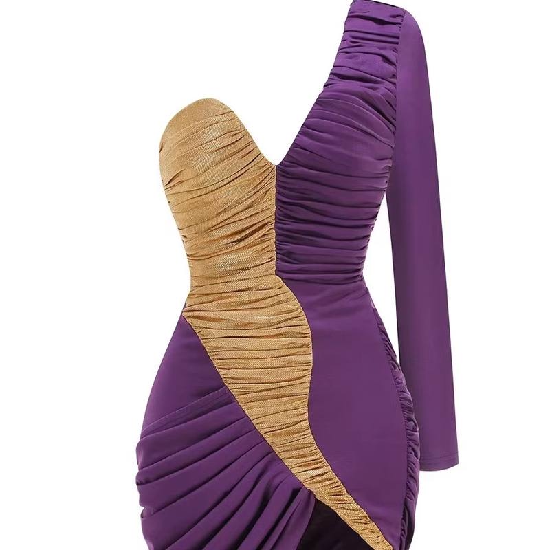 Kimshein LS2572 Women's One-Shoulder Stretch Dance Party Dress with Sexy Elegant Long Sleeves and Tight Mini Cocktail Dress