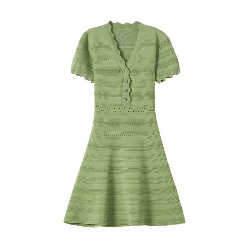 KD2248 Knitted Dress Women's Elegant V-Neck Short Sleeve One-Line Dress for Office Formal Dress 100 Pieces Ready