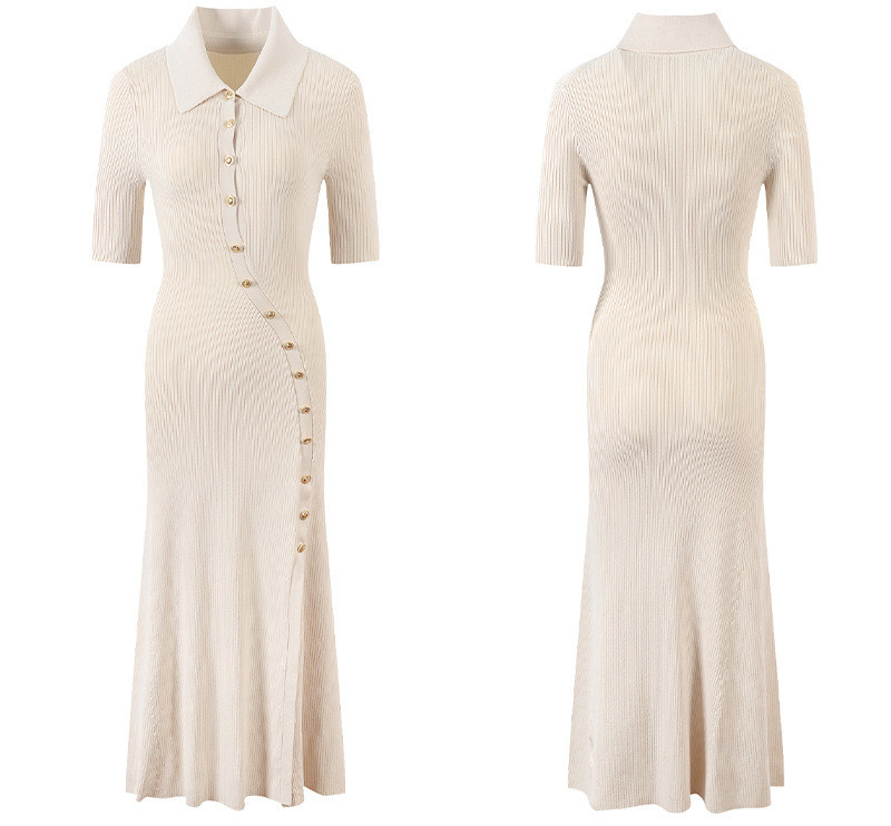 Superb Knitted Dress KD2249 Elegant Short Sleeve Dress with Button Closure Featuring Checkered Knitting Technique