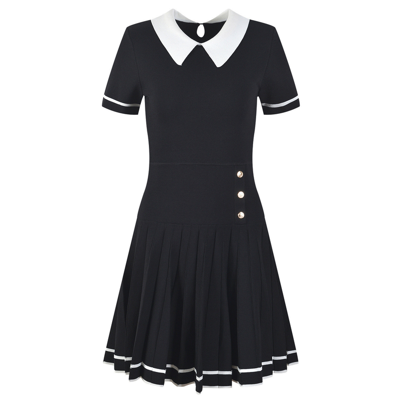 Pleated Skirt Short Sleeve Knitted Dress in Black Polo Collar Customizable Logo Position KD2237 for Young French Ladies