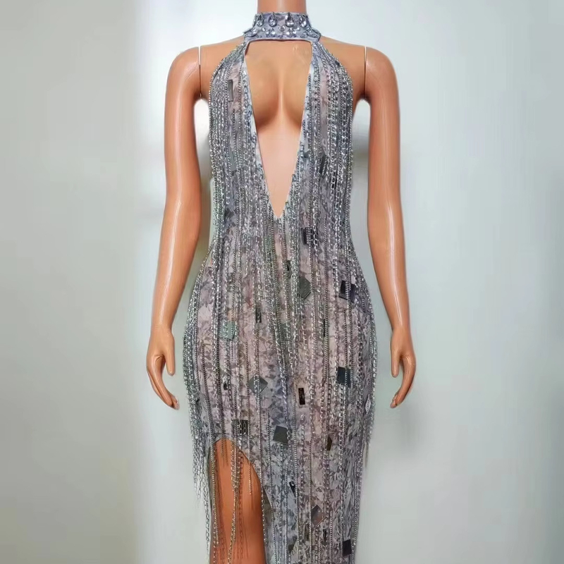 Logo Customization Supported AD2307 Kimshein Birthday Outfit in Elegant Backless Neckline and Sexy Sheer Long Slit Gown