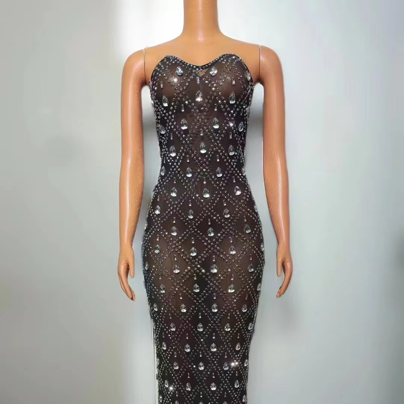 AD2304 Elegant Women's Luxury Club Dress Birthday Set Sexy Role Play Costume with Crystal Applique and Beaded Fringe Chain