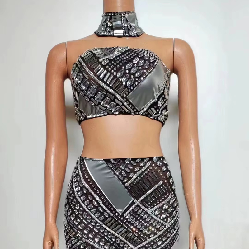 Custom Logo/Graphic Process Supported AD2257 Women's Summer Party Crystal Two-Piece Set with High Collar and High Tube