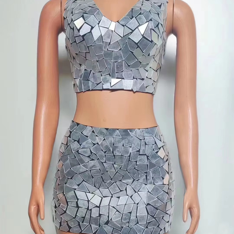 AD2259 Kimshein Fashion Summer Women's Shiny Sequin Mirror Two-Piece Set Handcrafted and Shiny for the Fashionable Woman