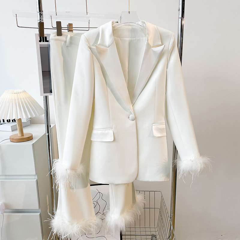 H3324 Kimshein Women's Luxurious Spring Autumn Floral White Long Sleeve Feather Party Two-Piece Knit Dress Knit Design