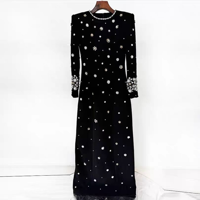 LS2573 Long Sleeve Dress with Water Diamond and Pearl for Party in Spring and Autumn Exquisite Craftsmanship and Design