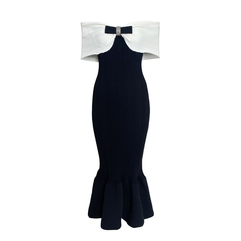 Spring Mermaid Wedding Dress with Off-Shoulder Design and Sleeveless Knit Sheath Style featuring Bow Accent Model KD2301