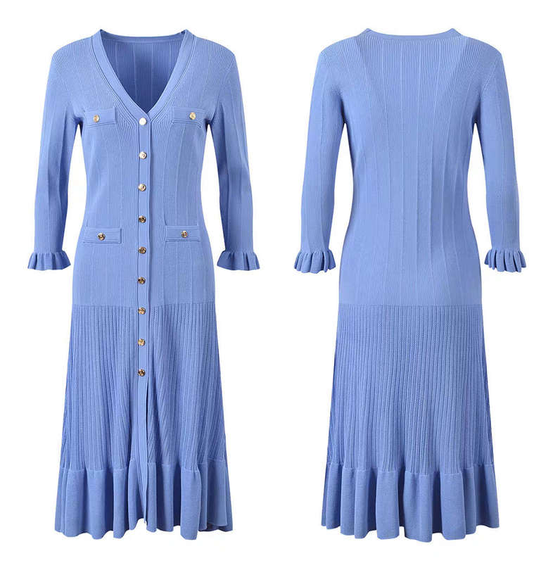 KD2302 Spring and Autumn Long Knitted Dress with Pure Color Pattern Kimsheinfashion's Women's Clothing