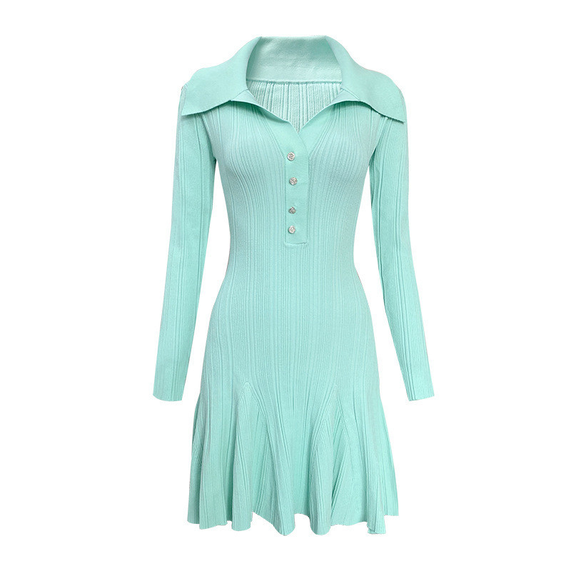 Mini Length KD2304 Knitted Dress Loose A-line Style Button Closure Perfect for Elegant Party in Spring and Autumn