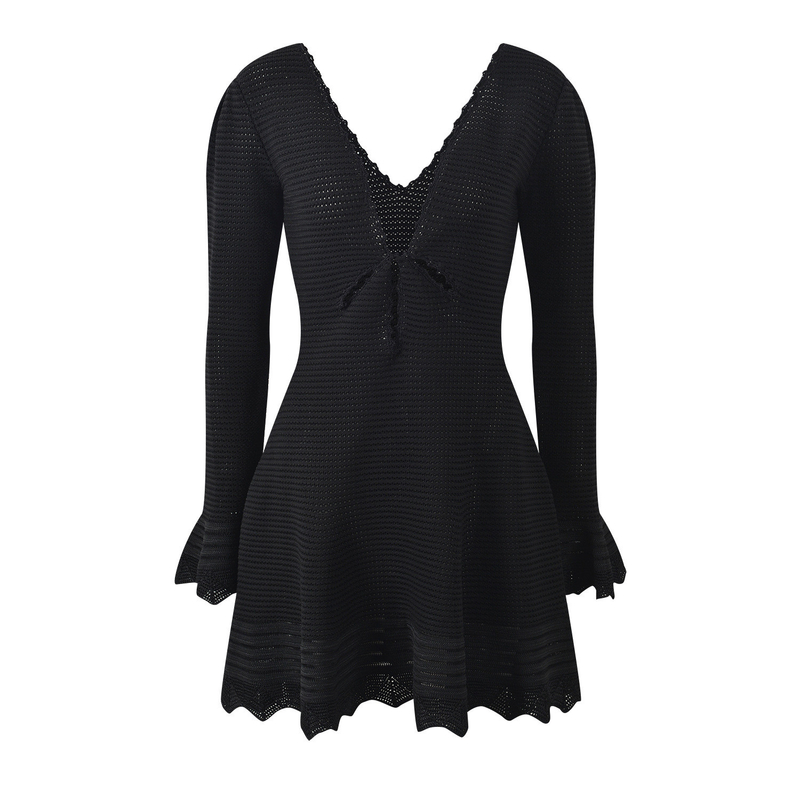 Elegant Ladies Knitted Dress KD2311 Black Small Short Sleeve Skirt V-neck Loose Dress for Daily Life in Weaving Method