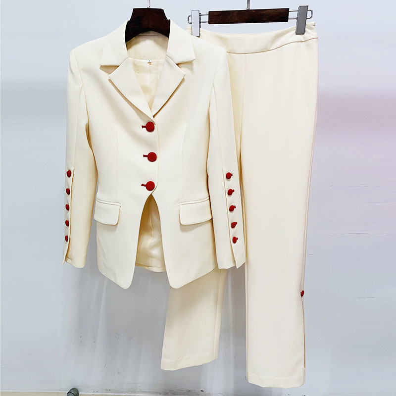 Kimshein Women's Two-Piece Suit Set in Red with Long-Sleeved Jacket and Buttoned Trousers