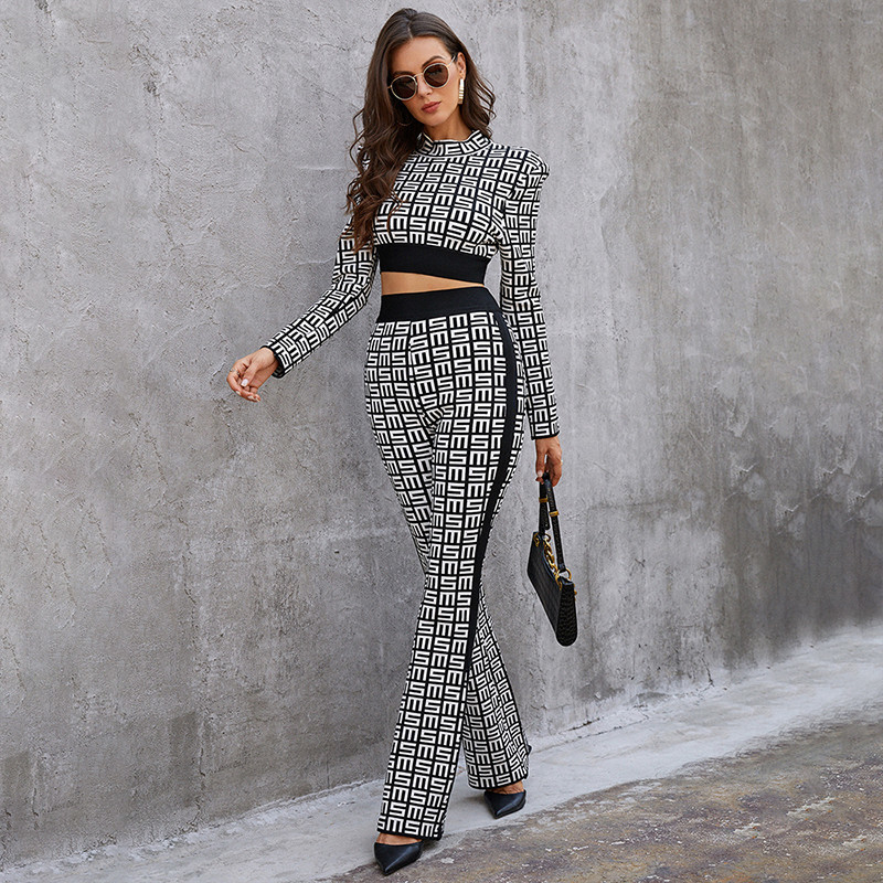 Splicing Pattern Women's Two-Piece Set on FD2204 Size S-L for Autumn 2021 Collection