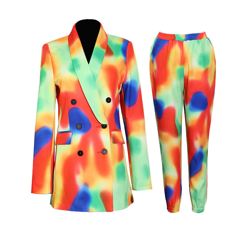 CF1297 Designer Autumn 2-Piece Set Women's Suit with Buttoned Blazer and Stylish Tie-Dye Plus Size Regular Sleeve Length