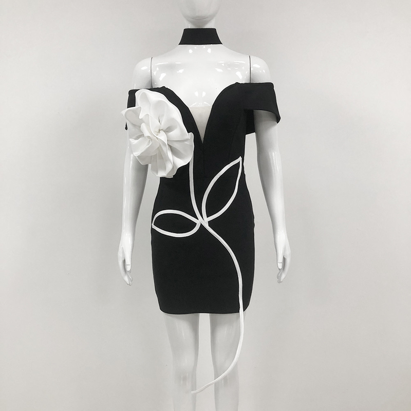 Water Crystal Decorated Off-Shoulder Floral Black Sexy Evening Dress for Women at Nightclub SB3021