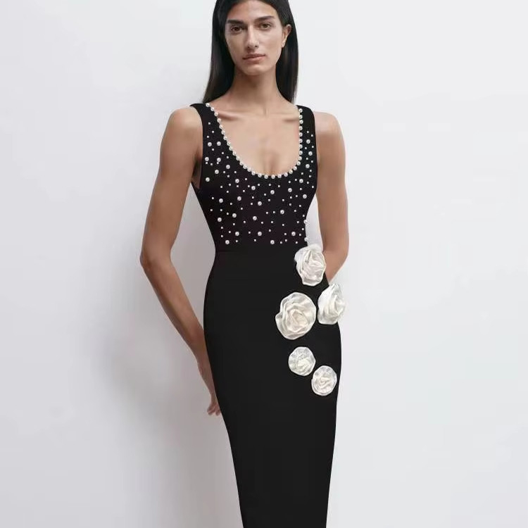Summer and Fall Must-Have SB3023 Sexy Sleeveless 3D Floral Backless Dress with Pearl Straps Maxi Dress