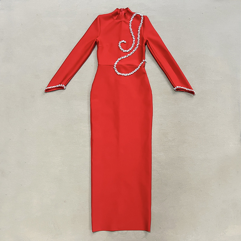 LS2477 Women's Sexy Long Sleeve Maxi Dress with Crystal Decoration Party Long Slim Bandage Dress Manufactured in Guangdong