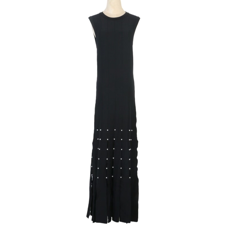 Women's Fashion A-Line Knitted Vest Dress with Fringe Edge Pearl Embellishment and Sleeveless Design KD2309
