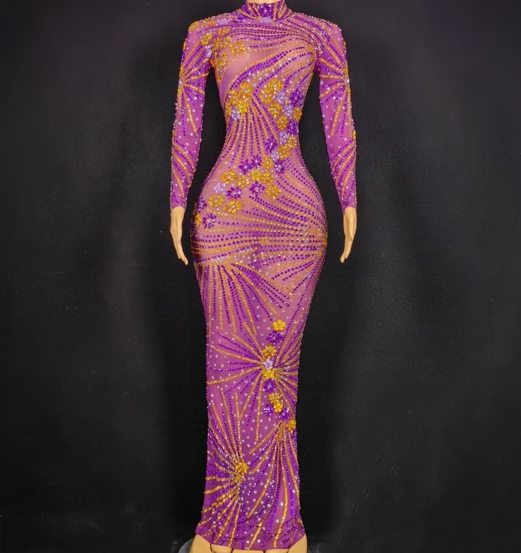 AD2277 Kimshein High Neck Long Sleeve Evening Dress with Mesh and Beaded Cocktail Skirt Polyester/Spandex/Nylon