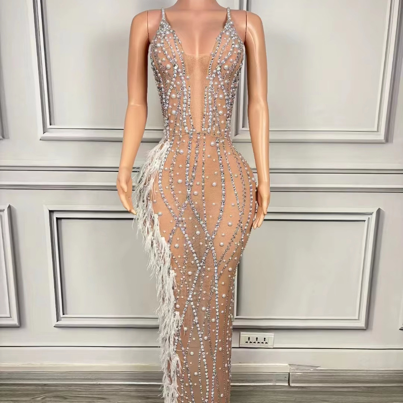 Kimshein AD2233 Perfect for Parties This Long Dress Features Diamonds Crystals and Feathers