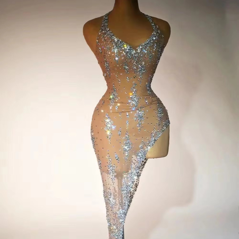 Kimshein AD2074 Luxury Handmade Crystal Dress Diamond V-Neck Sexy Shiny Performance Dance Costume Stage High Slit