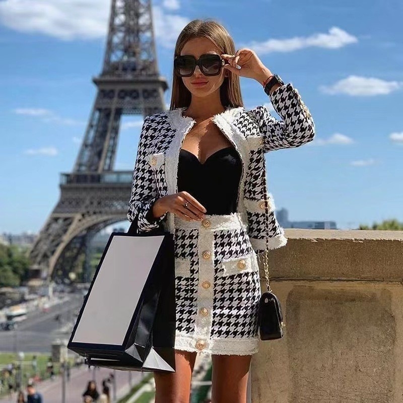 Autumn Fashion Long Sleeve Elegant Floral Fringe Rhinestone Chain Suit Jacket and Skirt Set with Fast Shipping Solutions