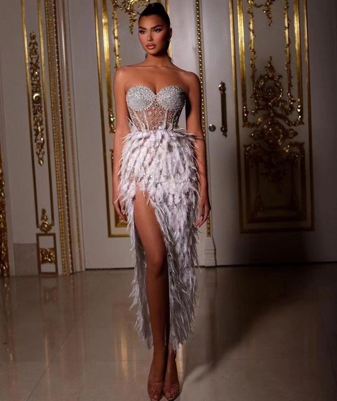 ED2474 Off-Shoulder Feather Evening Dress Eco-Friendly and Luxurious Crystal Pearl Sequins Perfect for Special Occasions