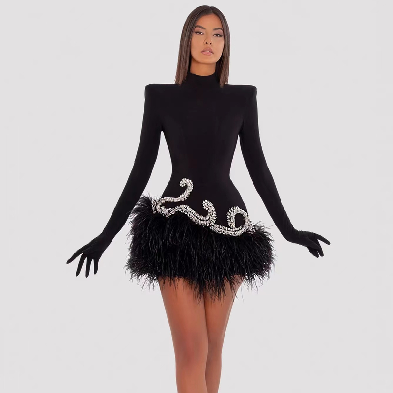 ED2406 High Neck Long Sleeve Mini Diamond Dress in Black Velvet for Formal Occasions from Guangdong Sophistication