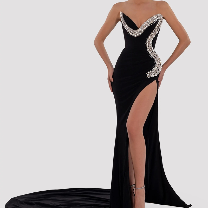 ED2402 Black Diamond Velvet Maxi Dress High Slit Puffy Skirt and Custom Logo Alternative for Sexy Evening Parties